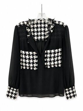 Zara Semi-Sheer Black Chiffon Houndstooth Tweed Combined Blouse SZ L